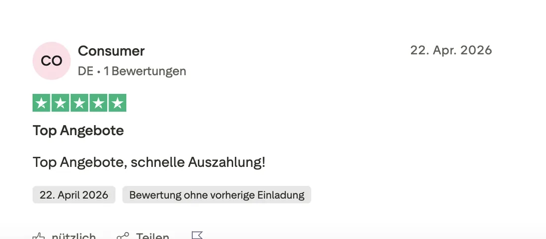 Original-Bewertung von Consumer: 5 von 5 Sternen vom 22. April 2026 – Top Angebote, schnelle Auszahlung