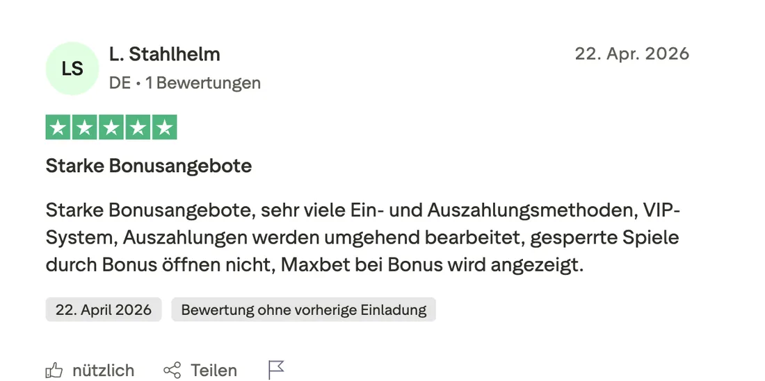 Original-Bewertung von L. Stahlhelm: 5 von 5 Sternen vom 22. April 2026 zu Bonusangeboten und Zahlungsmethoden bei HugoBets