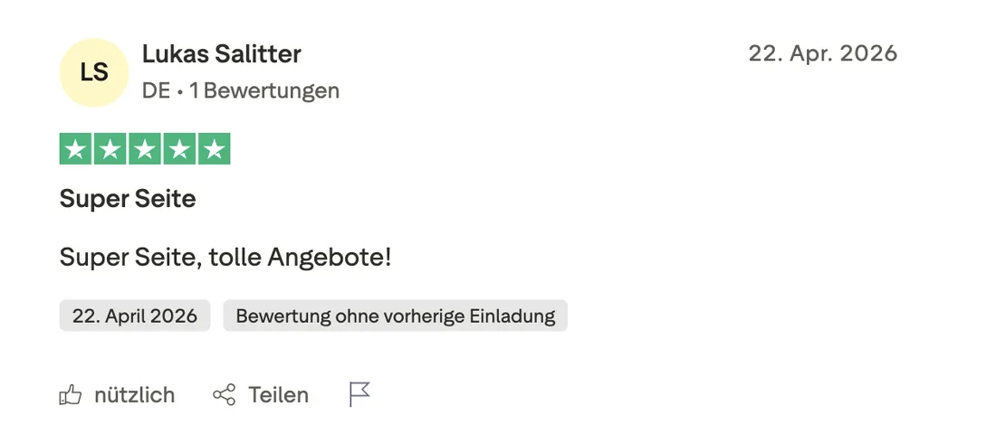 Original-Bewertung von Lukas Salitter: 5 von 5 Sternen vom 22. April 2026 – Super Seite, tolle Angebote