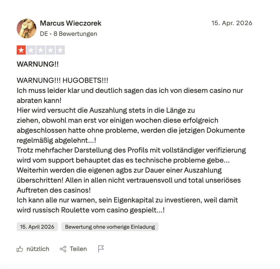 Original-Bewertung von Marcus Wieczorek: 1 von 5 Sternen vom 15. April 2026 als Warnung zu abgelehnten KYC-Dokumenten bei HugoBets