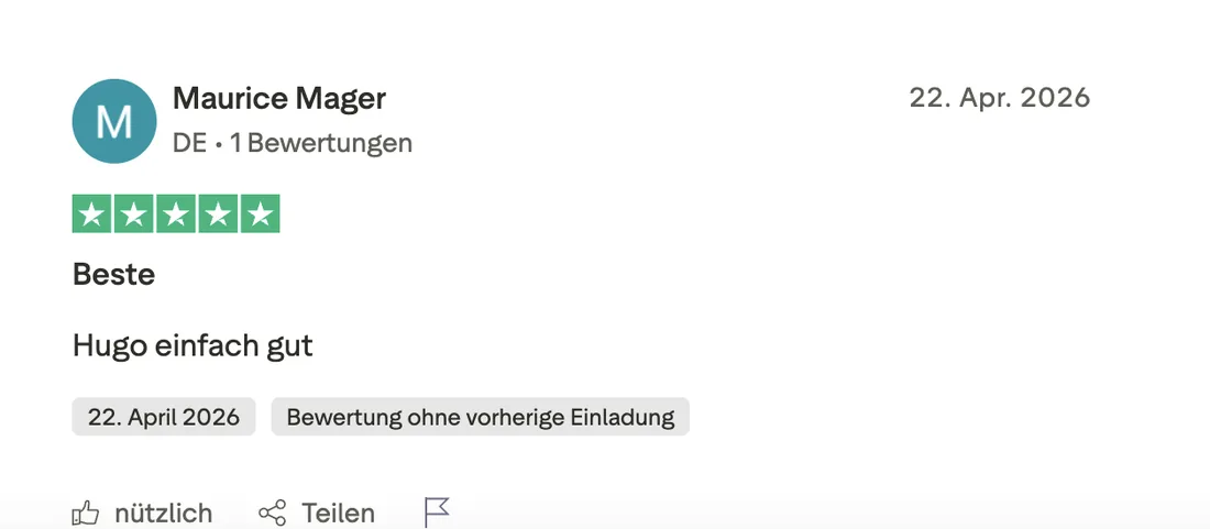Original-Bewertung von Maurice Mager: 5 von 5 Sternen vom 22. April 2026 – Hugo einfach gut