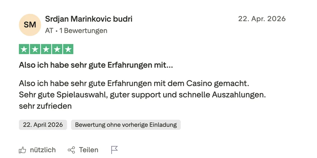 Original-Bewertung von Srdjan Marinkovic: 5 von 5 Sternen vom 22. April 2026 zu Spielauswahl und Support bei HugoBets