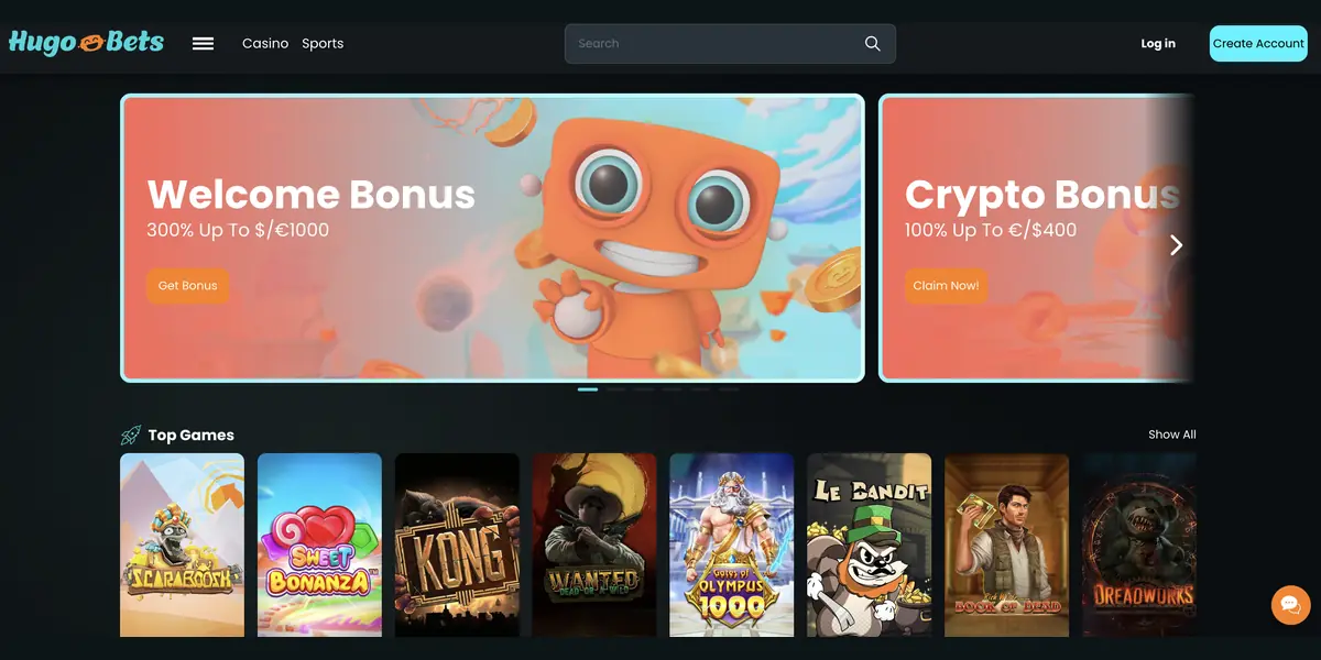 HugoBets Casino Startseite mit Captain Hugo und Willkommensbonus-Bannern