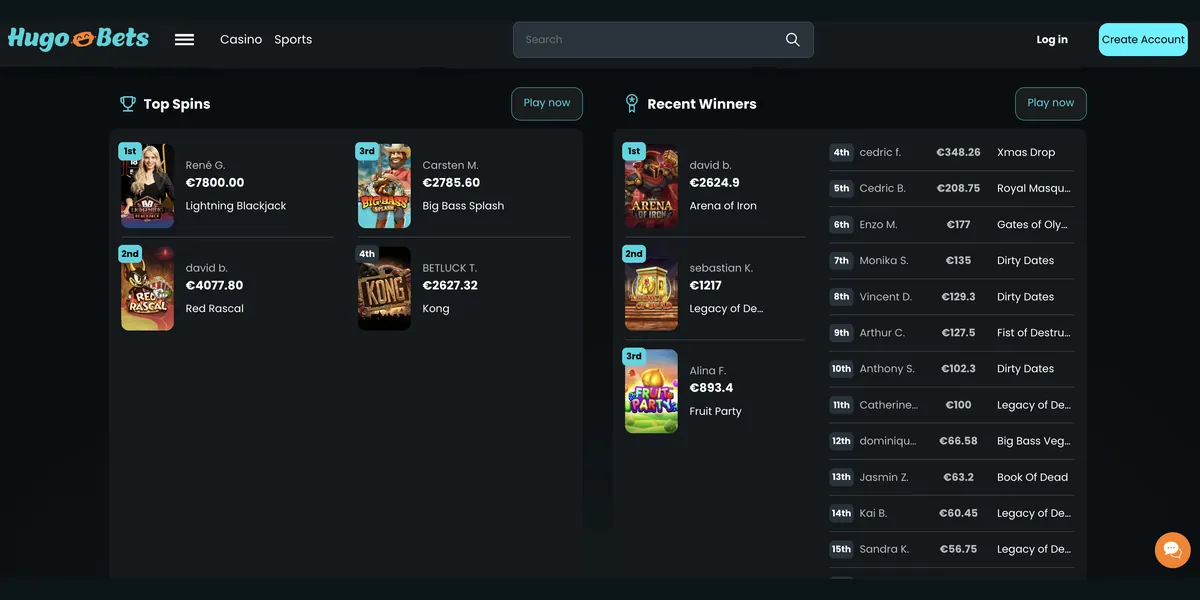 Top Spins und Recent Winners bei HugoBets mit Gewinnen bei Lightning Blackjack, Big Bass Splash und Book of Dead